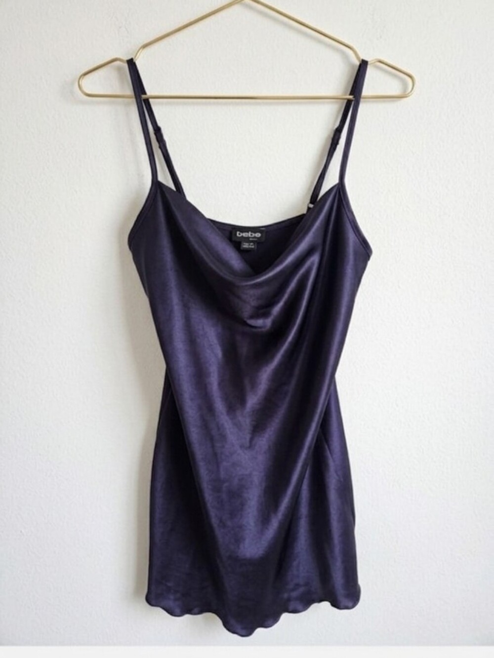 bebe Deep Purple Satin Cowl Neck Slip Mini Dress Size Large
